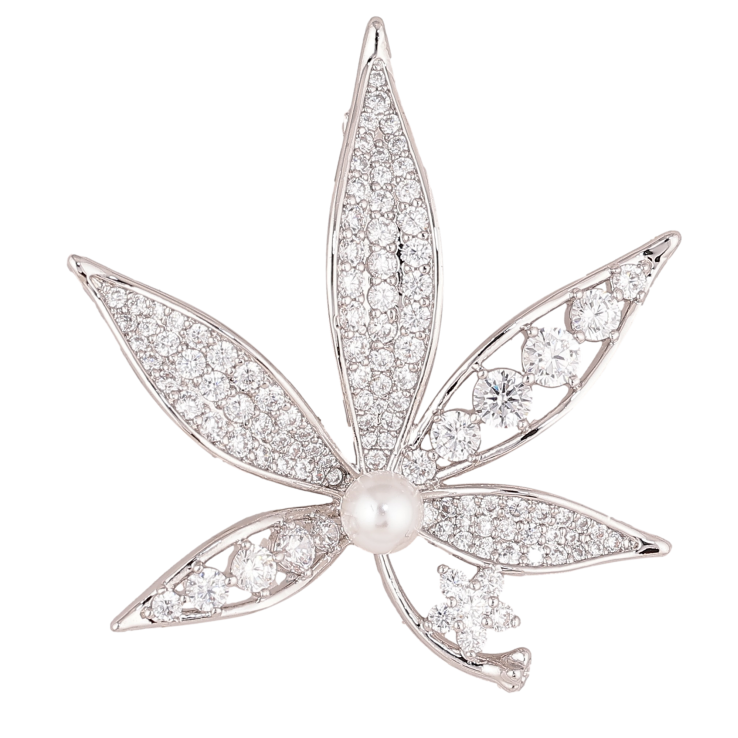 Брошь Xuping цвет Родий "Листик с инкрустацией кристаллами и жемчужиной" фото №3