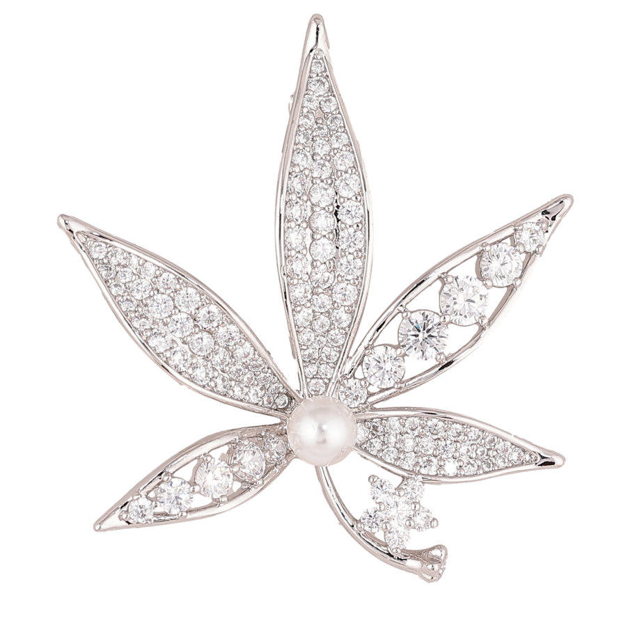 Брошь Xuping цвет Родий "Листик с инкрустацией кристаллами и жемчужиной" фото №1