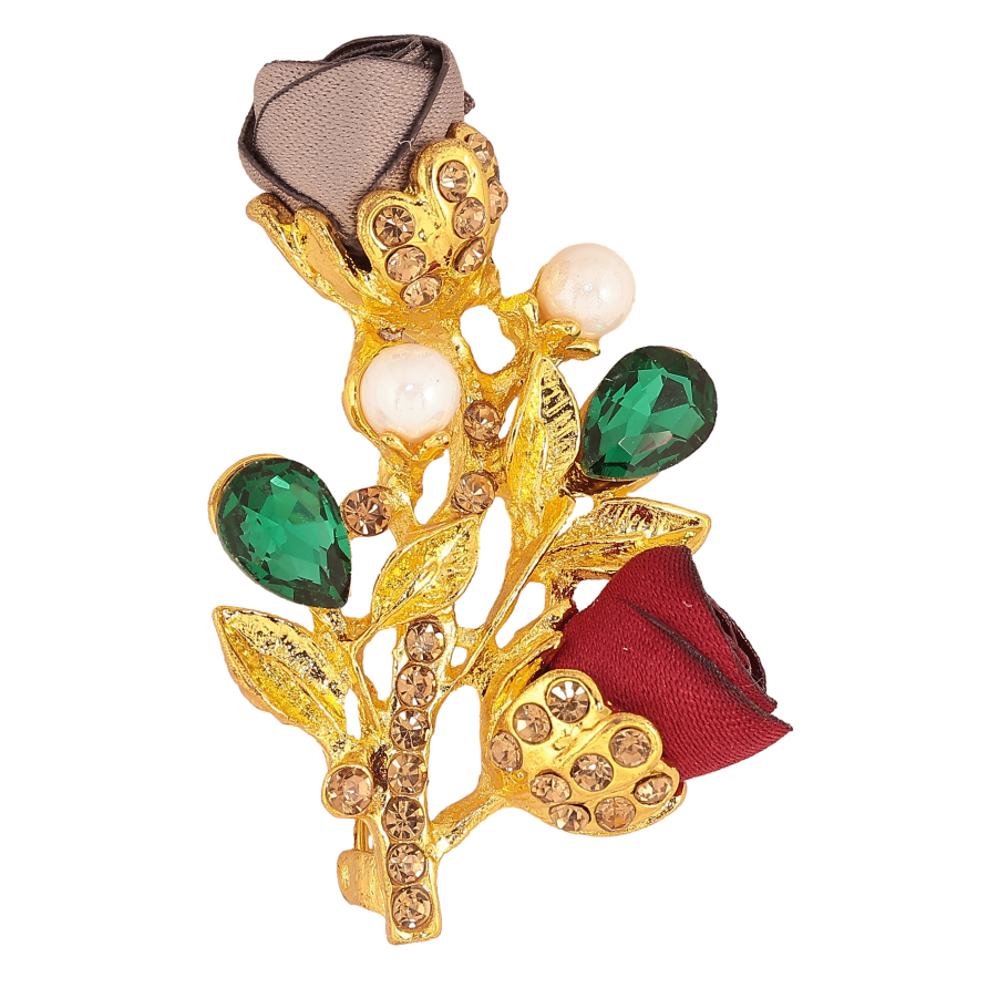 Брошка "Гілочка з червоно-бежевими квіточками, стразами та перлинами" фото №1