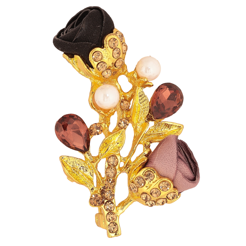 Брошь "Веточка с черно-бежевыми цветочками, стразами и жемчужинами" фото №1