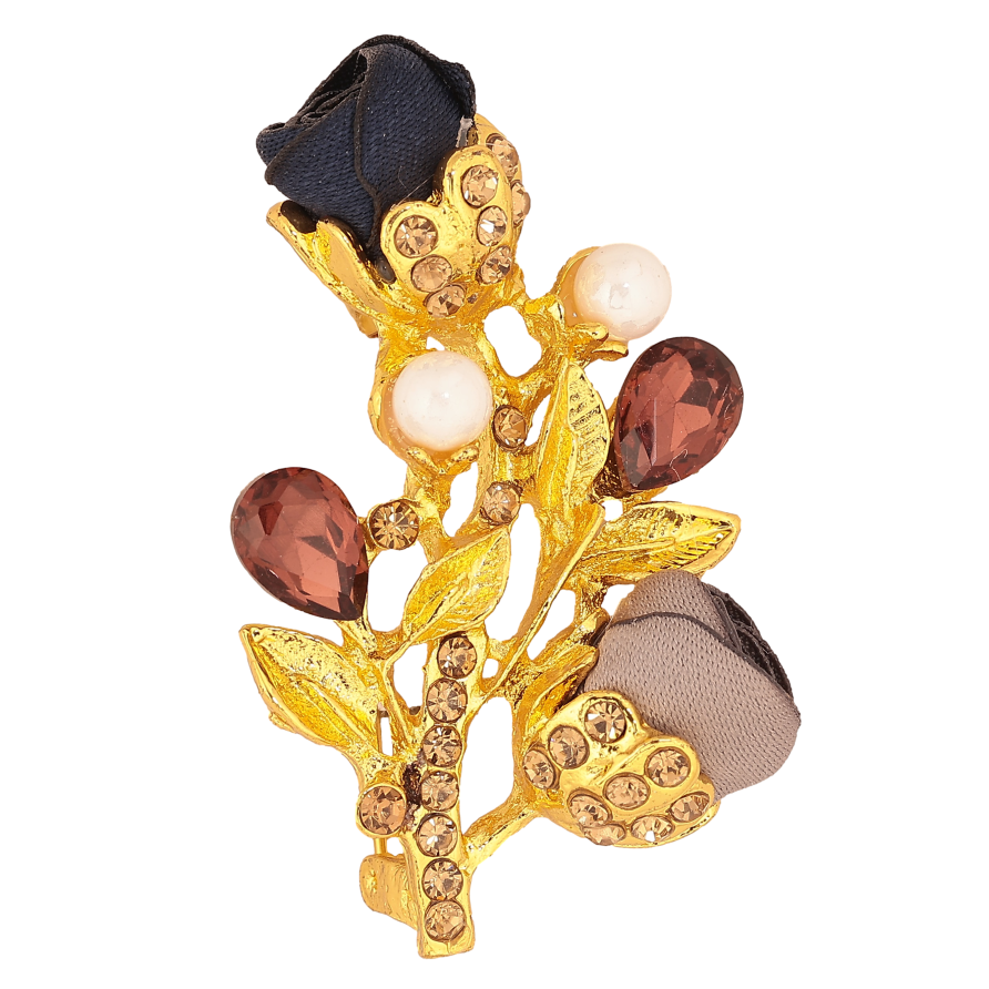 Брошка "Гілочка з синьо-бежевими квіточками, стразами та перлинами" фото №1