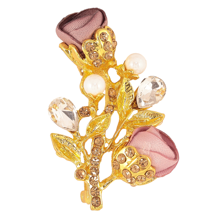 Брошь "Веточка с бежево-розовым цветочками, стразами и жемчужинами" фото №1