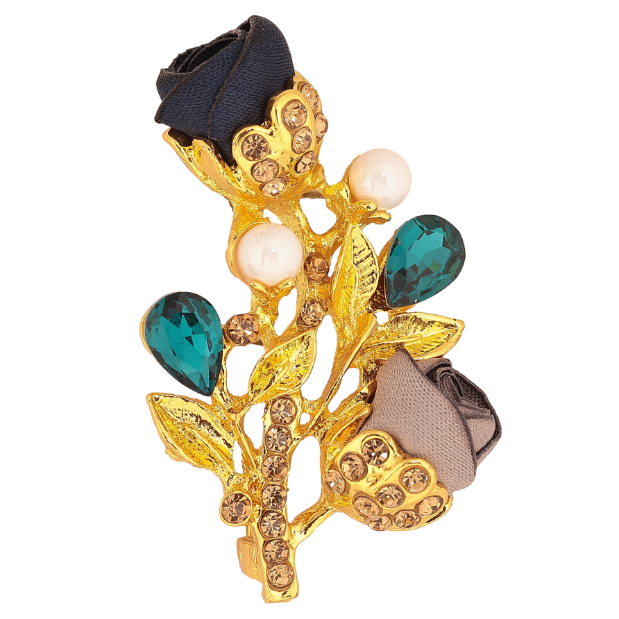 Брошь "Веточка с сине-серыми цветочками, стразами и жемчужинами" фото №1