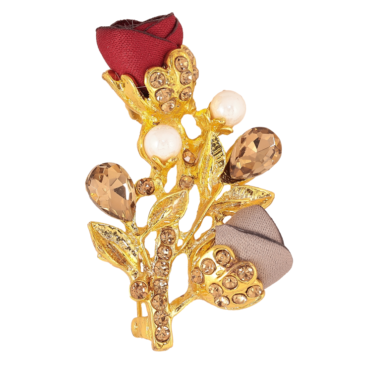 Брошь "Веточка с красно-серыми цветочками, стразами и жемчужинами" фото №5