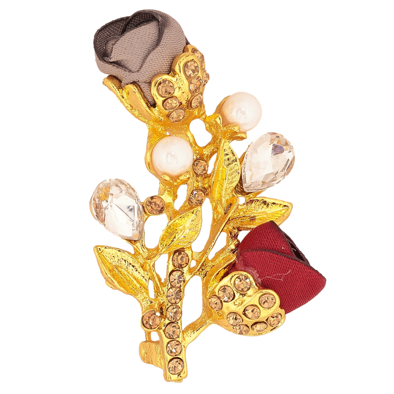 Брошка "Гілочка з червоно-бежевими квіточками, стразами та перлинами" фото №1