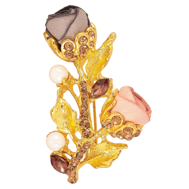 Брошка "Гілочка з рожево-сірими квіточками, стразами та перлинами" фото №2