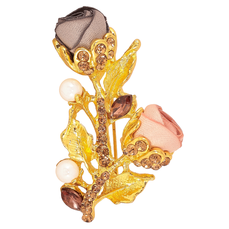 Брошь "Веточка с розово-серыми цветочками, стразами и жемчужинами" фото №1