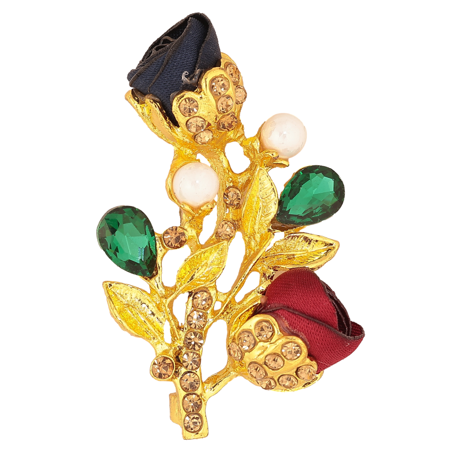 Брошка "Гілочка з червоно-синіми квіточками, стразами та перлинами" фото №1