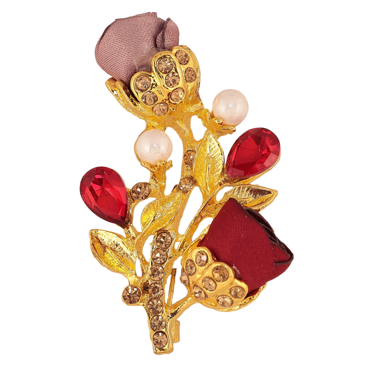 Брошь "Веточка с бежево-красными цветочками, стразами и жемчужинами" фото №9