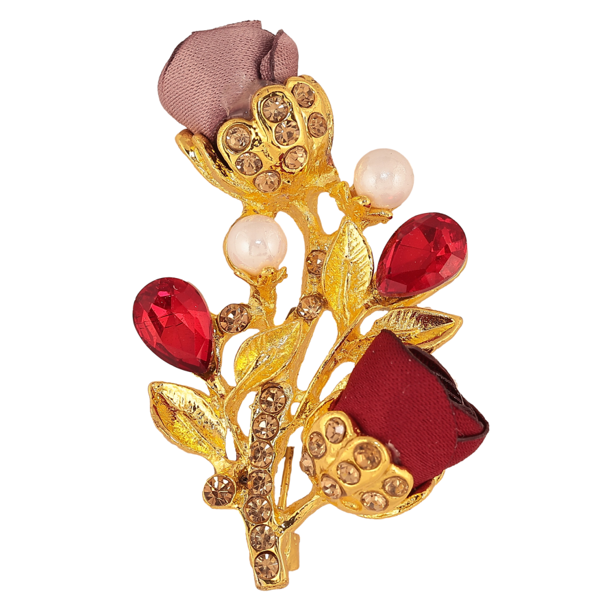 Брошь "Веточка с бежево-красными цветочками, стразами и жемчужинами" фото №1