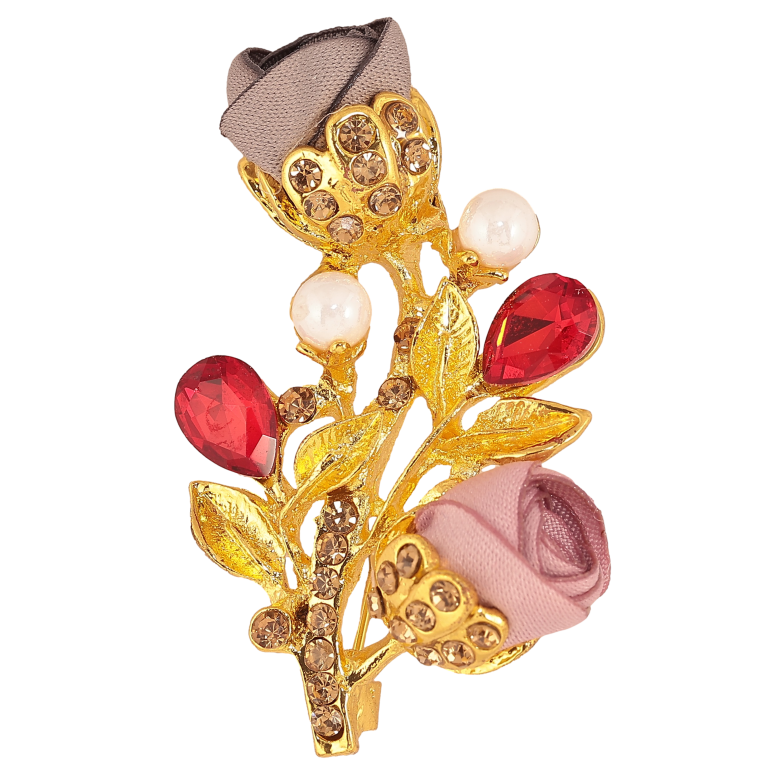Брошка "Гілочка з рожево-сірими квіточками, стразами та перлинами" фото №3