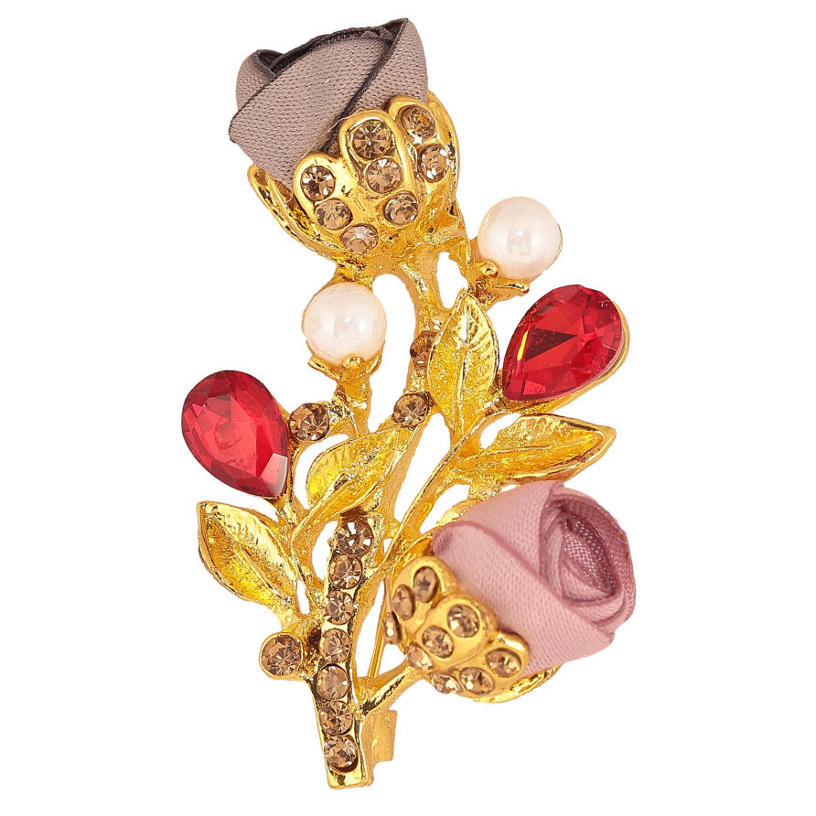 Брошь "Веточка с розово-серыми цветочками, стразами и жемчужинами" фото №1