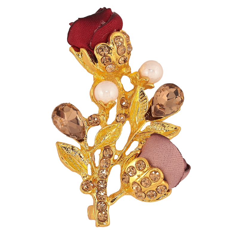 Брошка "Гілочка з бежево-червоними квіточками, стразами та перлинами" фото №1