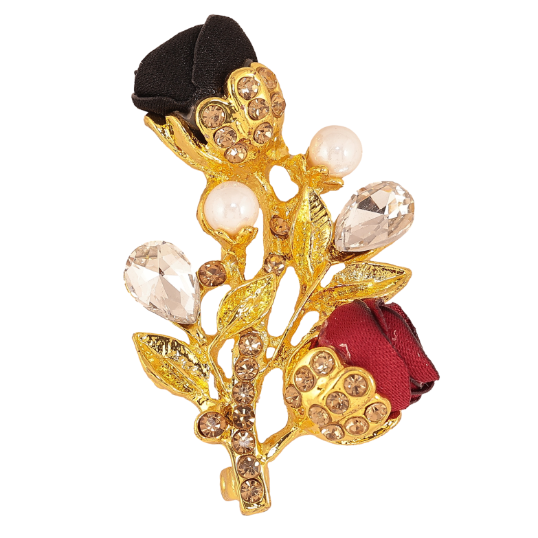 Брошка "Гілочка з червоно-чорними квіточками, стразами та перлинами" фото №4