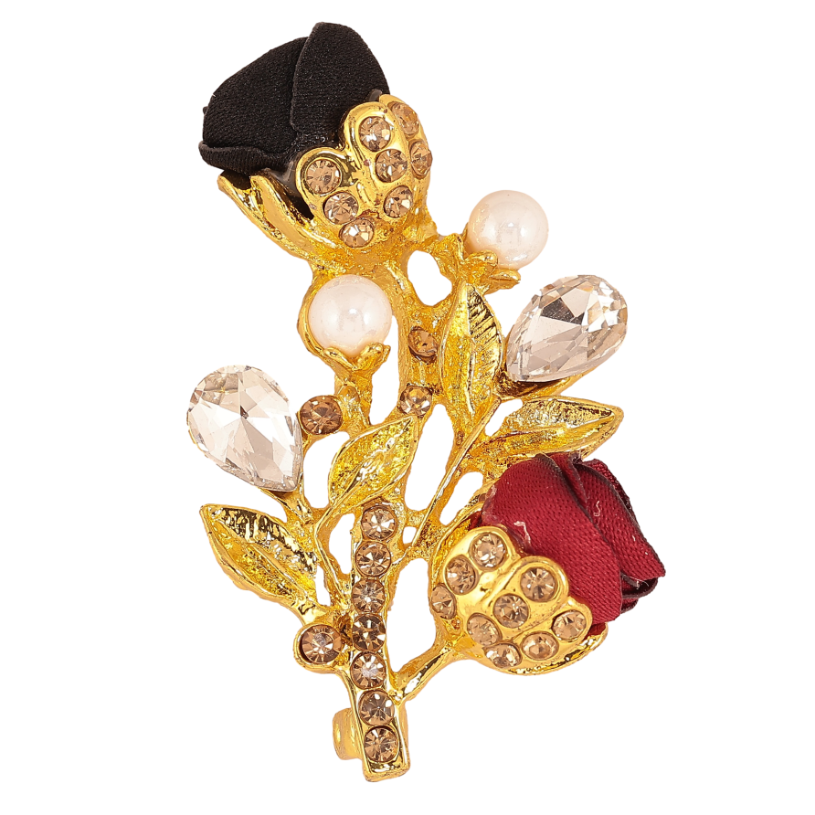 Брошь "Веточка с красно-черными цветочками, стразами и жемчужинами" фото №1