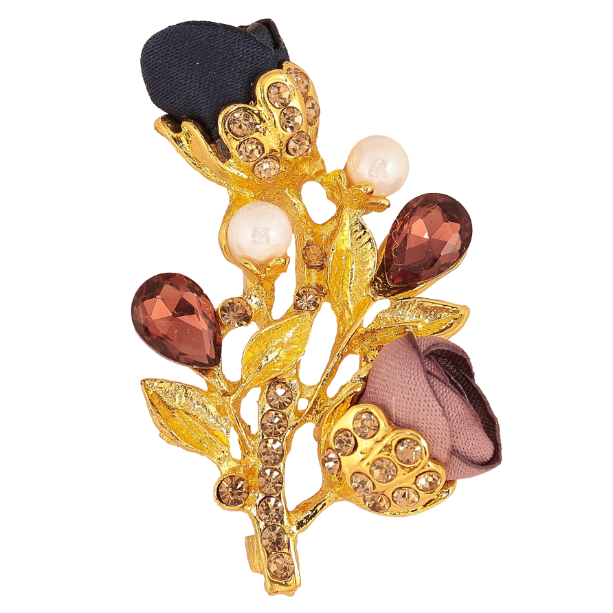 Брошка "Гілочка з синьо-бежевими квіточками, стразами та перлинами" фото №1