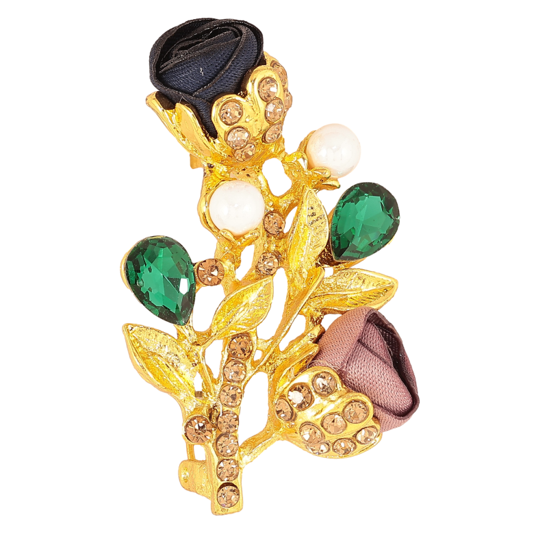 Брошка "Гілочка з синьо-бежевими квіточками, стразами та перлинами" фото №1