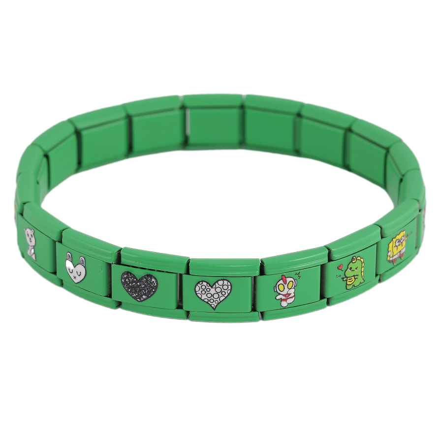 Браслет Xuping ТТМ Stainless Steel цвет Родий "Зеленый с мультяшными героями, шир. 9мм" ø 5.5см, растягивается фото №1
