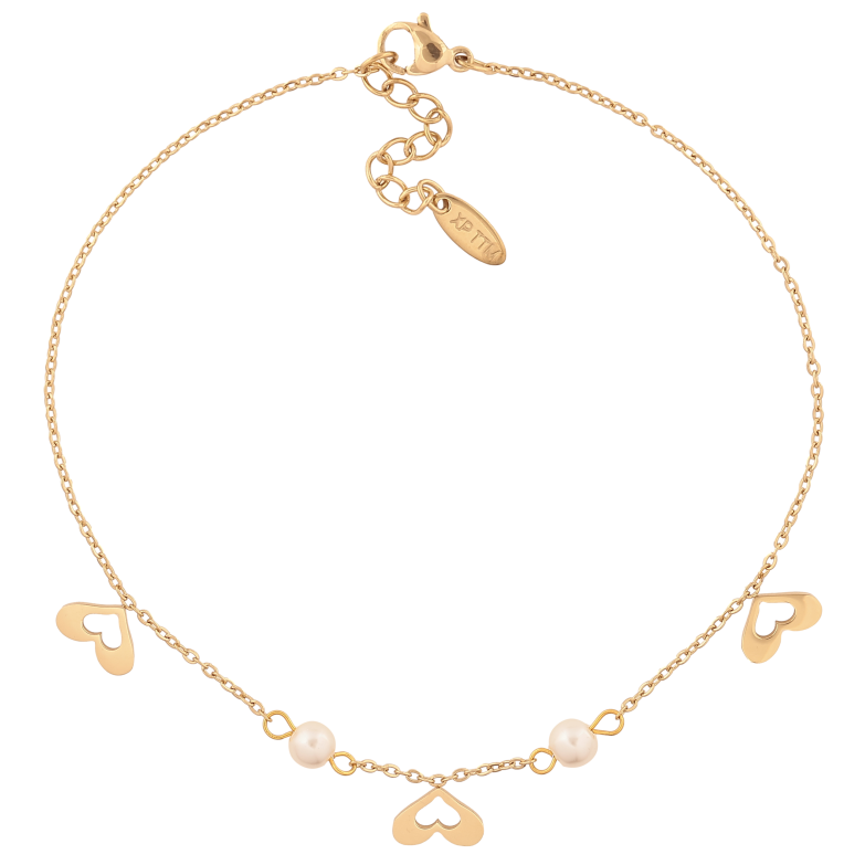 Браслет Xuping ТТМ Stainless Steel колір 14К на ногу "Ланцюжок з сердечками і перлинними бусинами" довжина з дод. ланцюжком 24-27см х 1.5-5мм фото №2