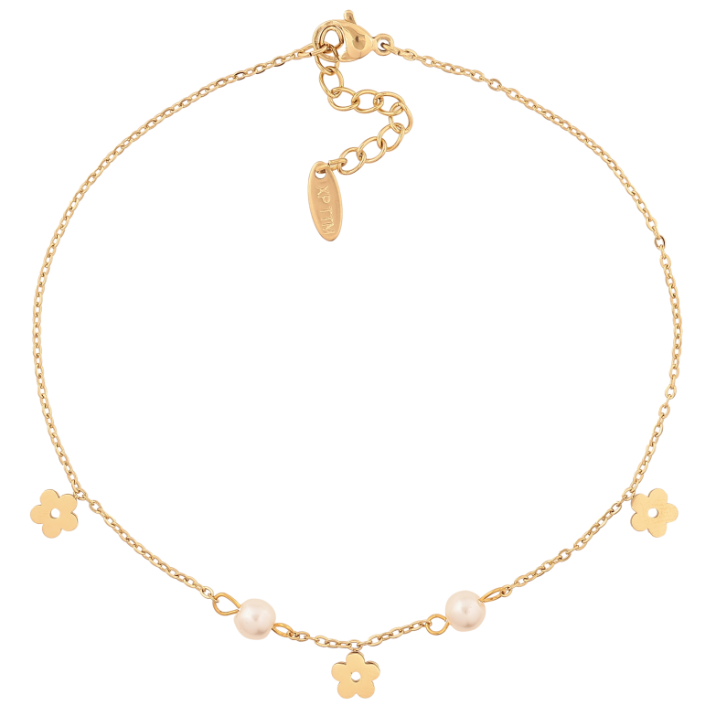 Браслет Xuping ТТМ Stainless Steel цвет 14К на ногу "Цепочка с цветочками и бусинами" длина с доп. цепочкой 24-27.5см х 1.5-5мм фото №1