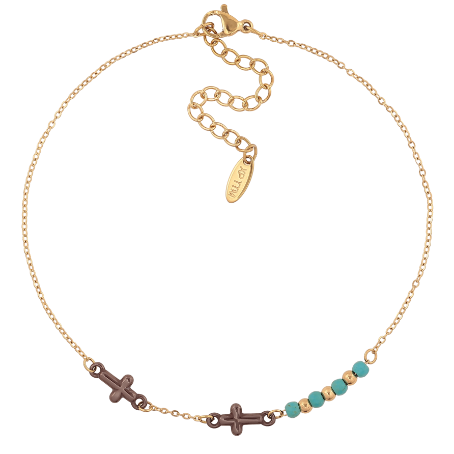 Браслет Xuping ТТМ Stainless Steel колір 14К на ногу "Ланцюжок з хрестиками та кольоровими намистинами" довжина з дод. ланцюжком 24.5-30см х 1-6мм фото №1