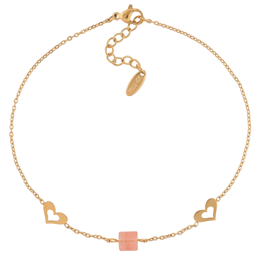 Браслет Xuping ТТМ Stainless Steel цвет 14К на ногу "Цепочка с сердечками и розовой бусиной" длина с доп. цепочкой 24-27.5см х 1-7мм фото №1