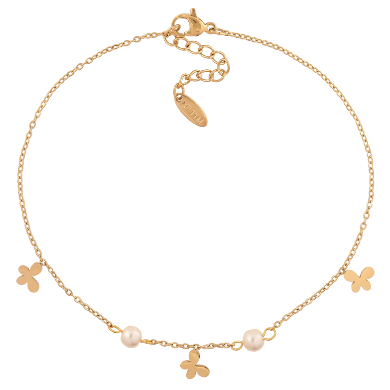 Браслет Xuping ТТМ Stainless Steel колір 14К на ногу "Ланцюжок з метеликами та перлинними намистинами" довжина з доп. ланцюжком 24-27.5см х 1.5-5мм фото №1