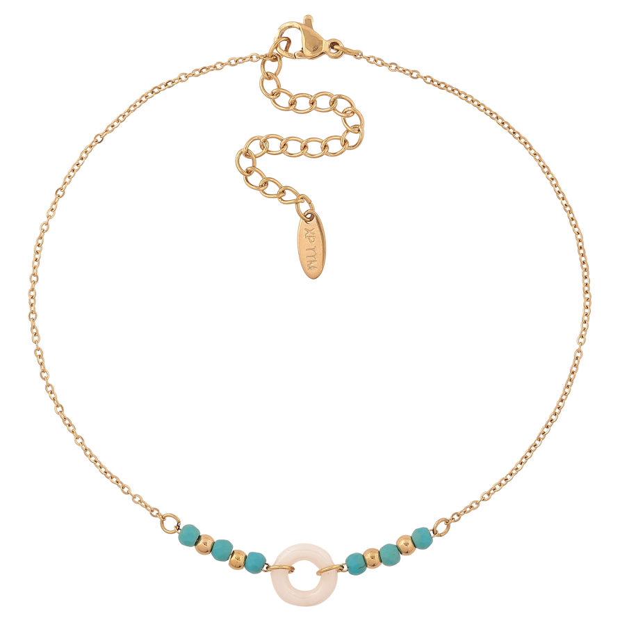 Браслет Xuping ТТМ Stainless Steel колір 14К на ногу "Ланцюжок з намистинами та білим керамічним колечком" довжина з дод. ланцюжком 24-29.5см х 1-10мм фото №1