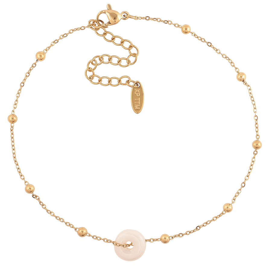 Браслет Xuping ТТМ Stainless Steel цвет 14К на ногу "Цепочка с белым керамическим колечком" длина с доп. цепочкой 24-29.5см х 1-3мм фото №1