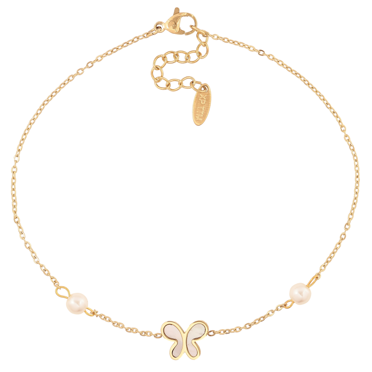 Браслет Xuping ТТМ Stainless Steel цвет 14К на ногу "Цепочка с бабочкой и жемчужными бусинами" длина с доп. цепочкой 24.5-28см х 1-9мм фото №2