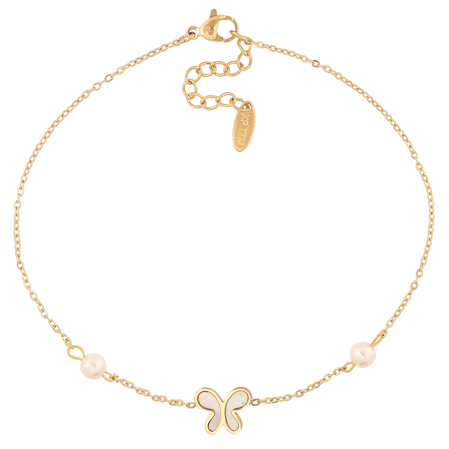 Браслет Xuping ТТМ Stainless Steel цвет 14К на ногу "Цепочка с бабочкой и жемчужными бусинами" длина с доп. цепочкой 24.5-28см х 1-9мм фото №1