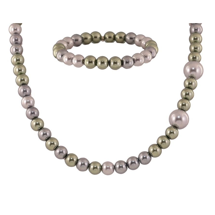 Набір Намисто Браслет "Нитка оливково-сірих намистин" довжина 63см х 8-12мм, браслет на гумці фото №1