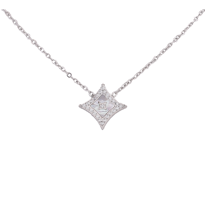 Підвіска на ланцюжку Нержавіюча сталь "Ромб з кристалами та перламутровою вставкою" довжина 42-47см х 1мм фото №1