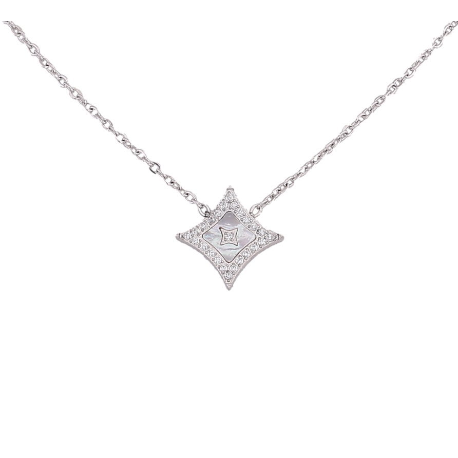 Подвеска на цепочке Нержавеющая сталь "Ромб с кристаллами и перламутровой вставкой" длина 42-47см х 1мм фото №1