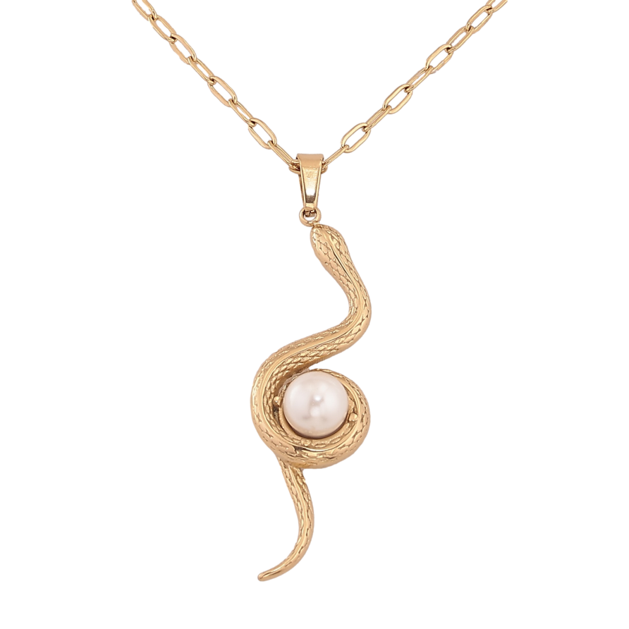 Підвіска на ланцюжку Xuping ТТМ Stainless Steel колір 14К "Змія з перлиною" довжина 45-50см х 2мм фото №1