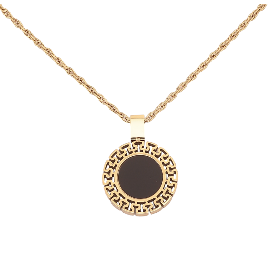 Підвіска на ланцюжку Xuping ТТМ Stainless Steel колір 14К "Коло з різьбленим візерунком та чорною вставкою" довжина 45-50см х 1.5мм фото №1
