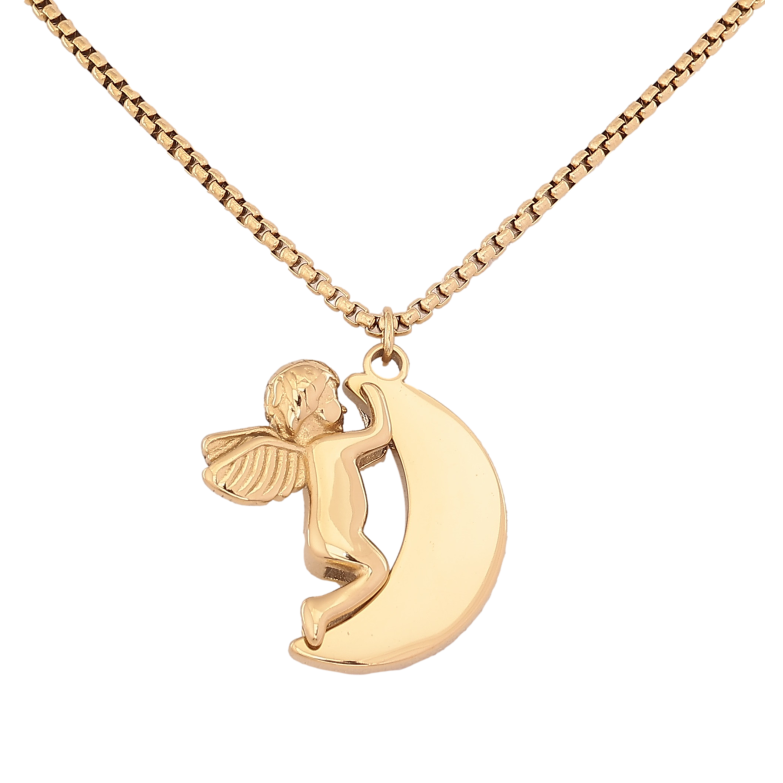 Подвеска на цепочке Xuping ТТМ Stainless Steel цвет 14К "Полумесяц с ангелочком" длина 45-50см х 2мм фото №3