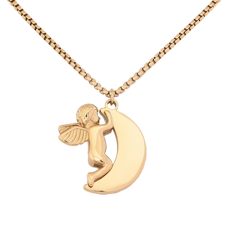 Подвеска на цепочке Xuping ТТМ Stainless Steel цвет 14К "Полумесяц с ангелочком" длина 45-50см х 2мм фото №1