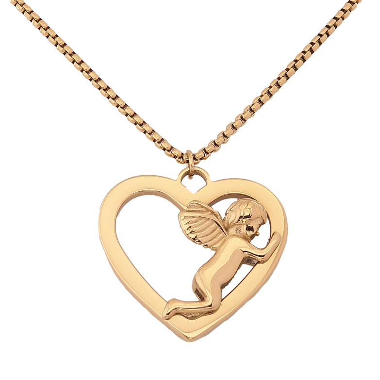 Підвіска на ланцюжку Xuping ТТМ Stainless Steel колір 14К "Серце з янголятком" довжина 45-50см х 2мм фото №1