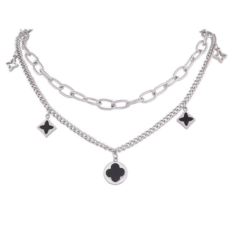 Кольє Нержавіюча сталь "Подвійний ланцюжок з підвісками конюшина" довжина 39-44см х 3-6мм фото №1