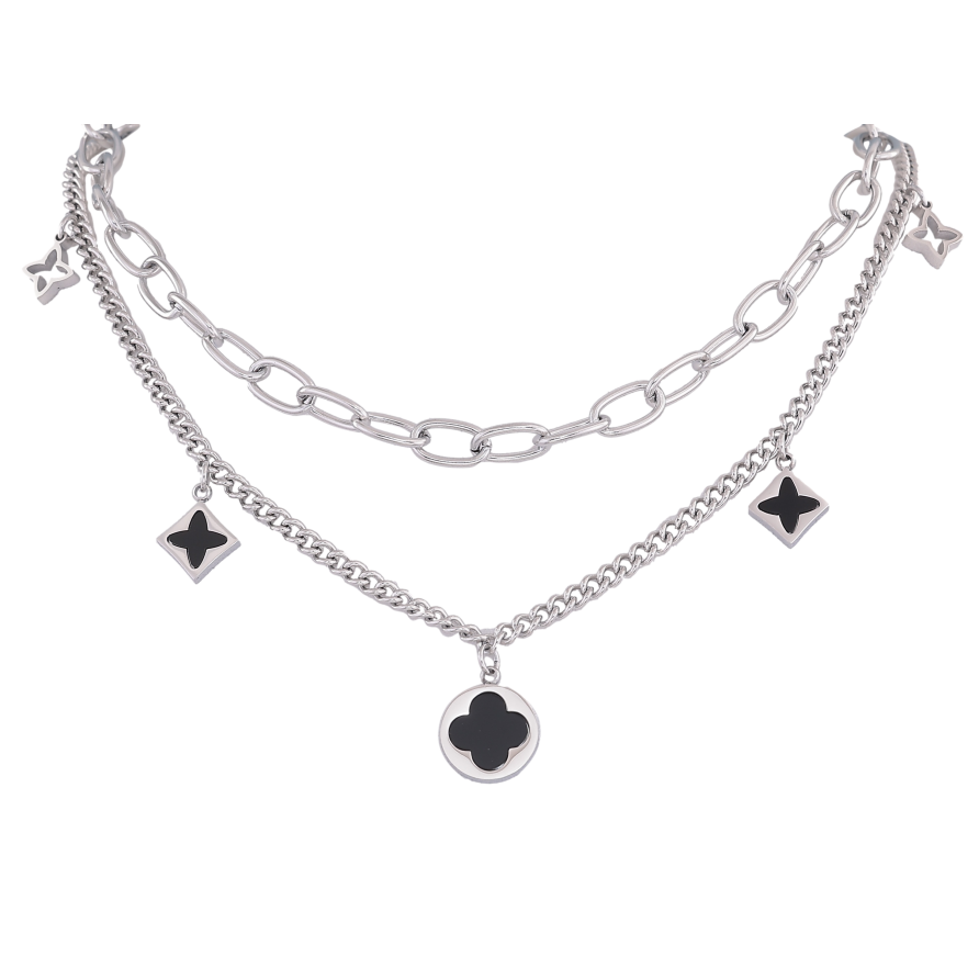 Колье Нержавеющая сталь "Двойная цепочка с подвесками клевер" длина 39-44см х 3-6мм фото №1