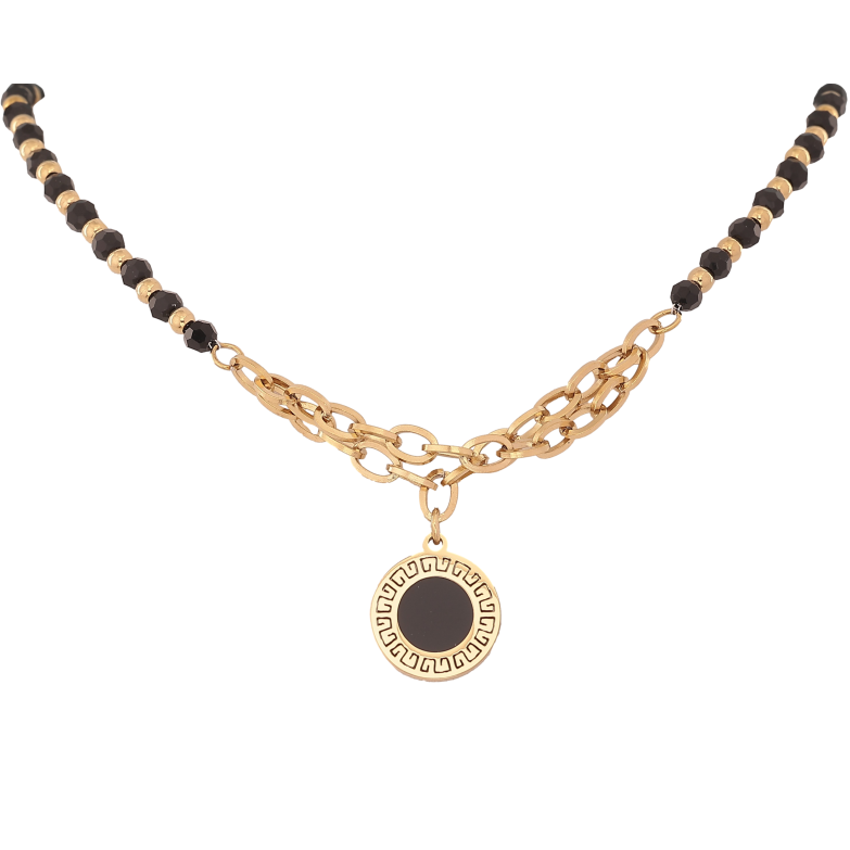 Колье Xuping ТТМ Stainless Steel цвет 14К "Черные бусы с вставкой цепочка и подвеска циферблат" длина 45-50см х 3-4мм фото №1 Колье Xuping ТТМ Stainless Steel цвет 14К "Черные бусы с вставкой цепочка и подвеска циферблат" длина 45-50см х 3-4мм фото №1