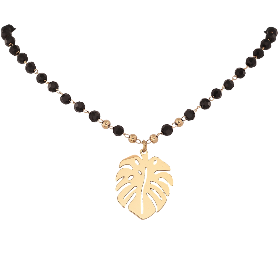 Колье Xuping ТТМ Stainless Steel цвет 14К "Черные бусы с подвеской листик" длина 45-50см х 3-4мм фото №1