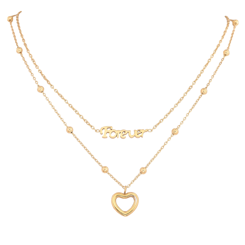 Кольє Xuping ТТМ Stainless Steel колір 14К "Два ланцюжки з написом Forever і серцем" довжина 42-47см х 1.5-5мм фото №6