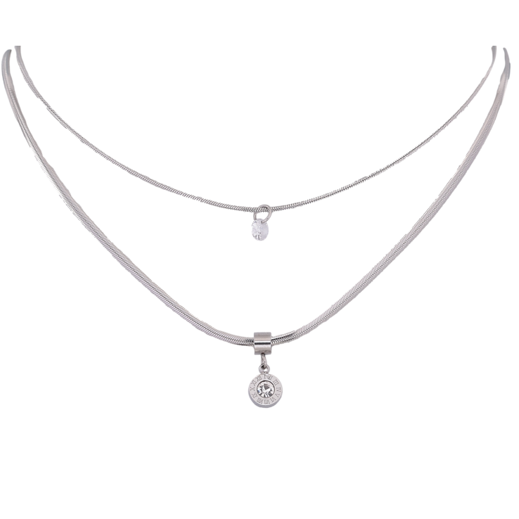 Кольє Xuping ТТМ Stainless Steel колір Родій "Подвійний ланцюжок з циферблатом і кристалом" довжина 41-46см х 3мм фото №9