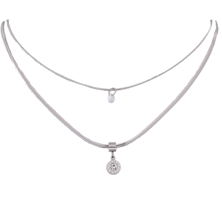 Кольє Xuping ТТМ Stainless Steel колір Родій "Подвійний ланцюжок з циферблатом і кристалом" довжина 41-46см х 3мм фото №1 Кольє Xuping ТТМ Stainless Steel колір Родій "Подвійний ланцюжок з циферблатом і кристалом" довжина 41-46см х 3мм фото №1