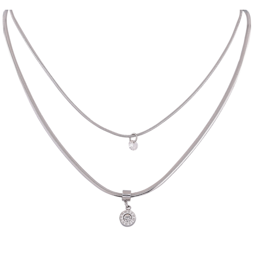 Кольє Xuping ТТМ Stainless Steel колір Родій "Подвійний ланцюжок з циферблатом і кристалами" довжина 41-46см х 1-2мм фото №1