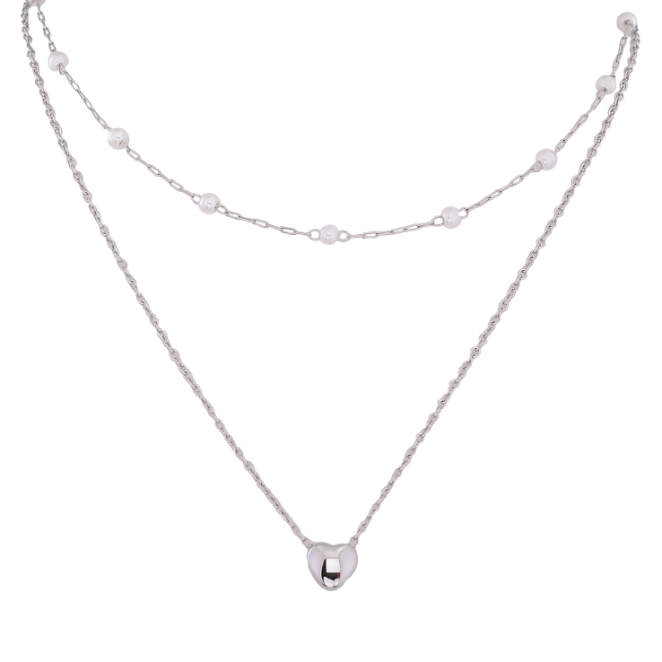 Кольє Xuping ТТМ Stainless Steel колір Родій "Подвійний ланцюжок з перлинними намистами і серцем" довжина 41-46см х 1-4мм фото №2