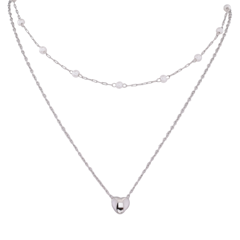 Колье Xuping ТТМ Stainless Steel цвет Родий "Двойная цепочка с жемчужными бусинами и сердечком" длинна 41-46см х 1-4мм фото №1