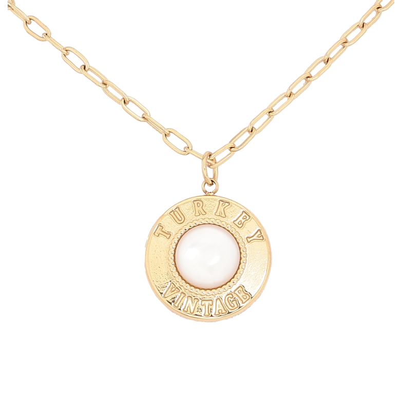 Підвіска на ланцюжку Нержавіюча сталь "Медальйон з написом Turkey vintage та білим кристалом" довжина 41-46см х 3мм фото №1